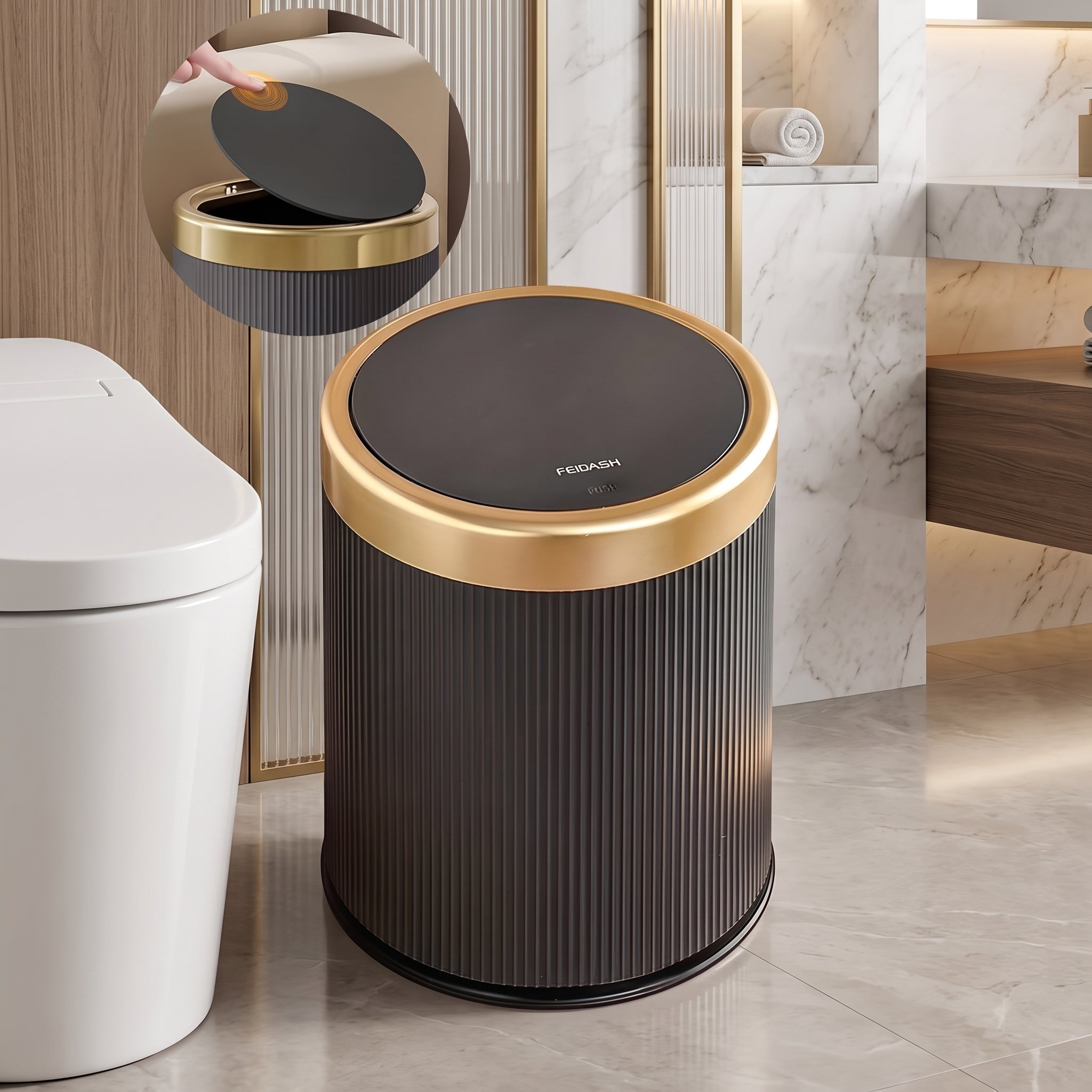 Oval Luxury Trash Can – Press-Top Waste Bin