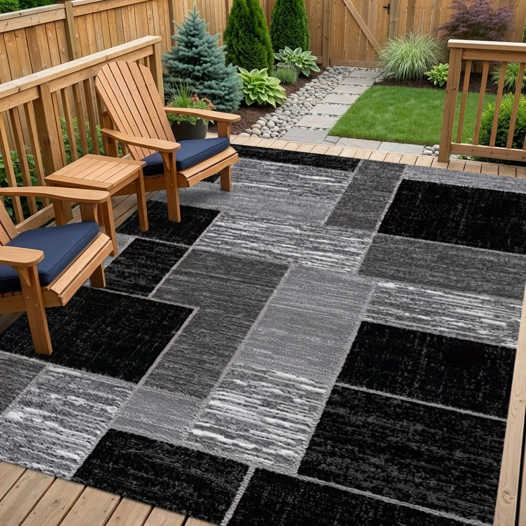 Coastal Grid Black & Grey Outdoor Rug