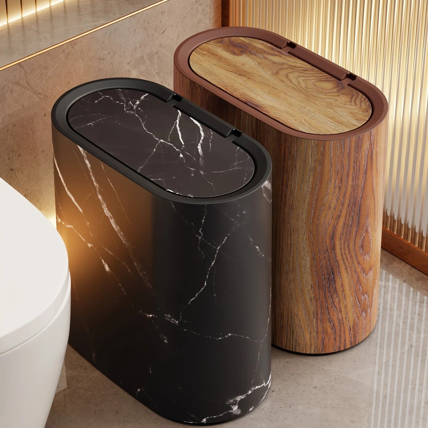 Marble-Finish Oval Trash Can with Lid