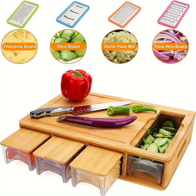 Bamboo Cutting Board with Storage Trays & Graters – Multifunctional Prep Station