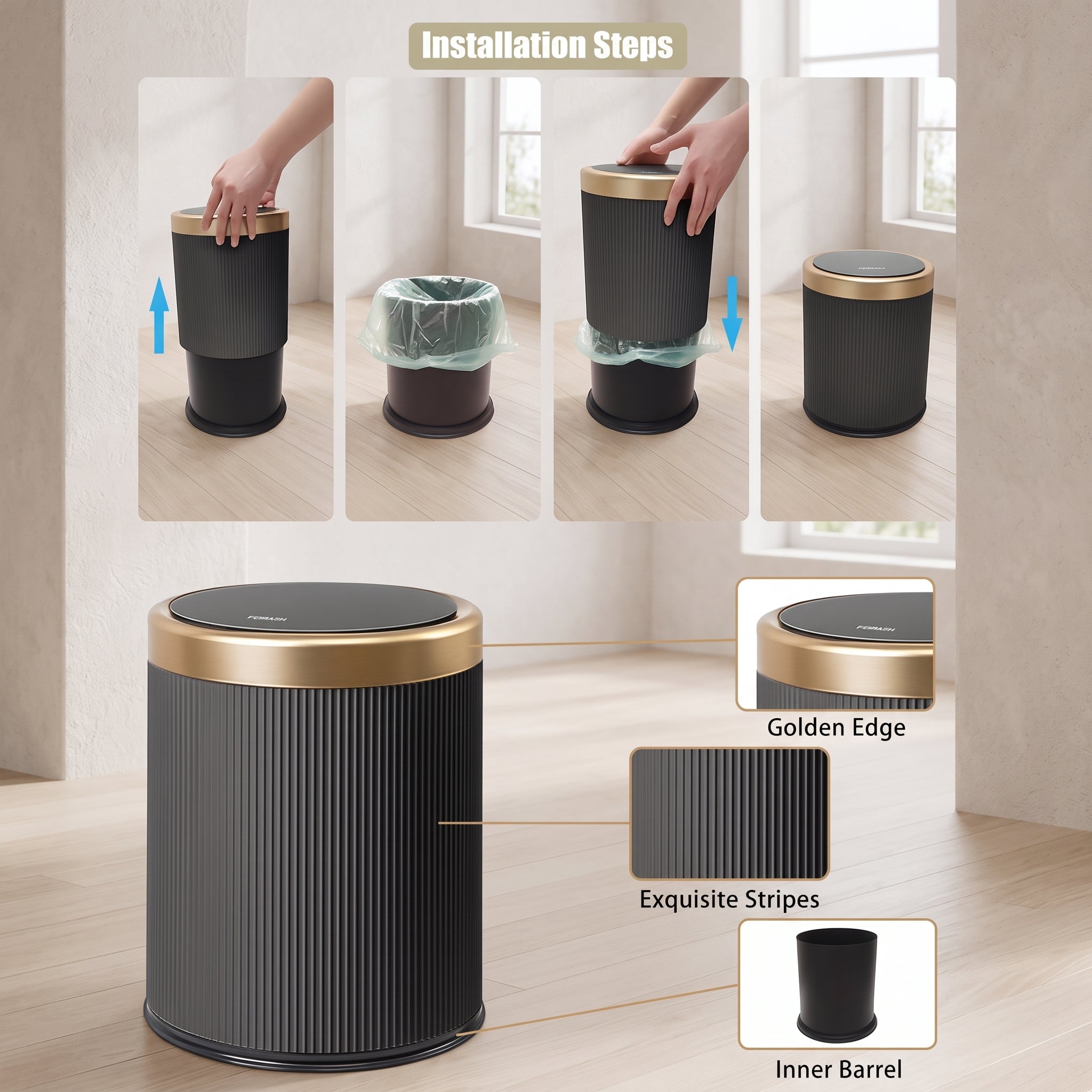 Oval Luxury Trash Can – Press-Top Waste Bin