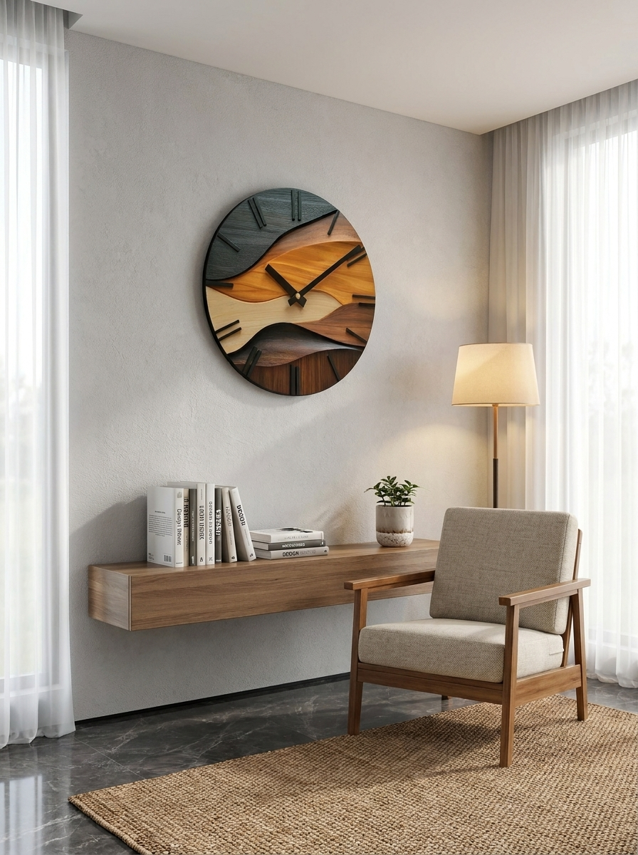 Tempered Glass Wall Clock – Nordic Faux Wood Grain Design