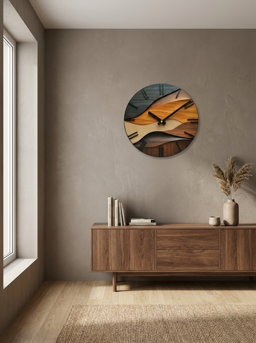 Tempered Glass Wall Clock – Nordic Faux Wood Grain Design
