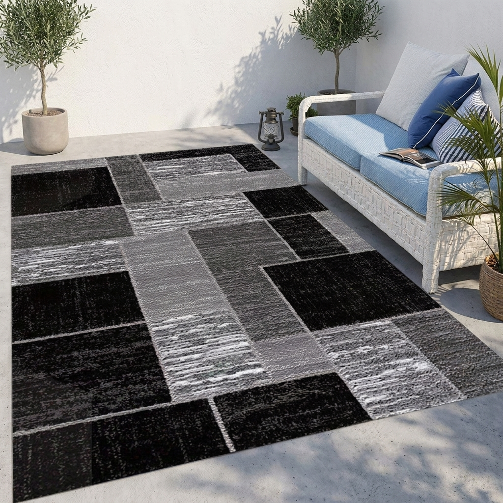 Coastal Grid Black & Grey Outdoor Rug