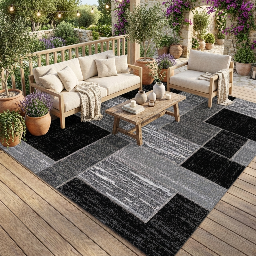 Coastal Grid Black & Grey Outdoor Rug