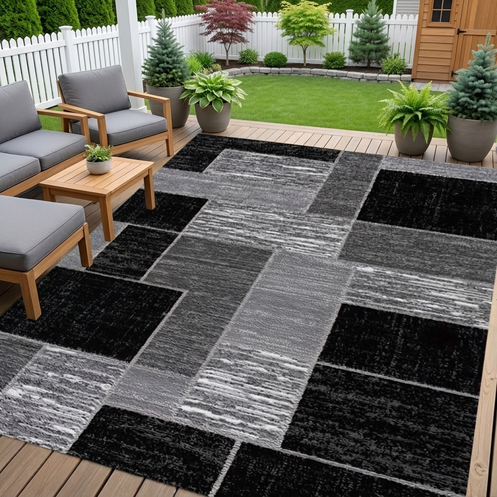 Coastal Grid Black & Grey Outdoor Rug