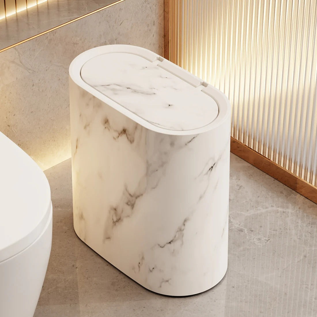 Marble-Finish Oval Trash Can with Lid