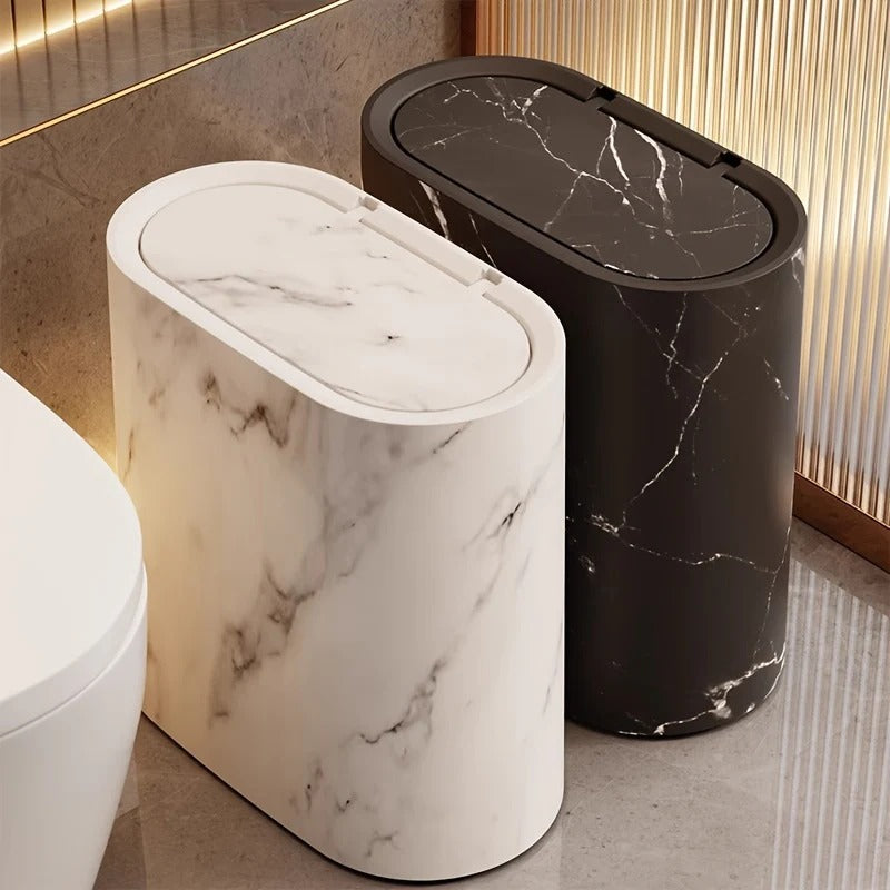 Marble-Finish Oval Trash Can with Lid